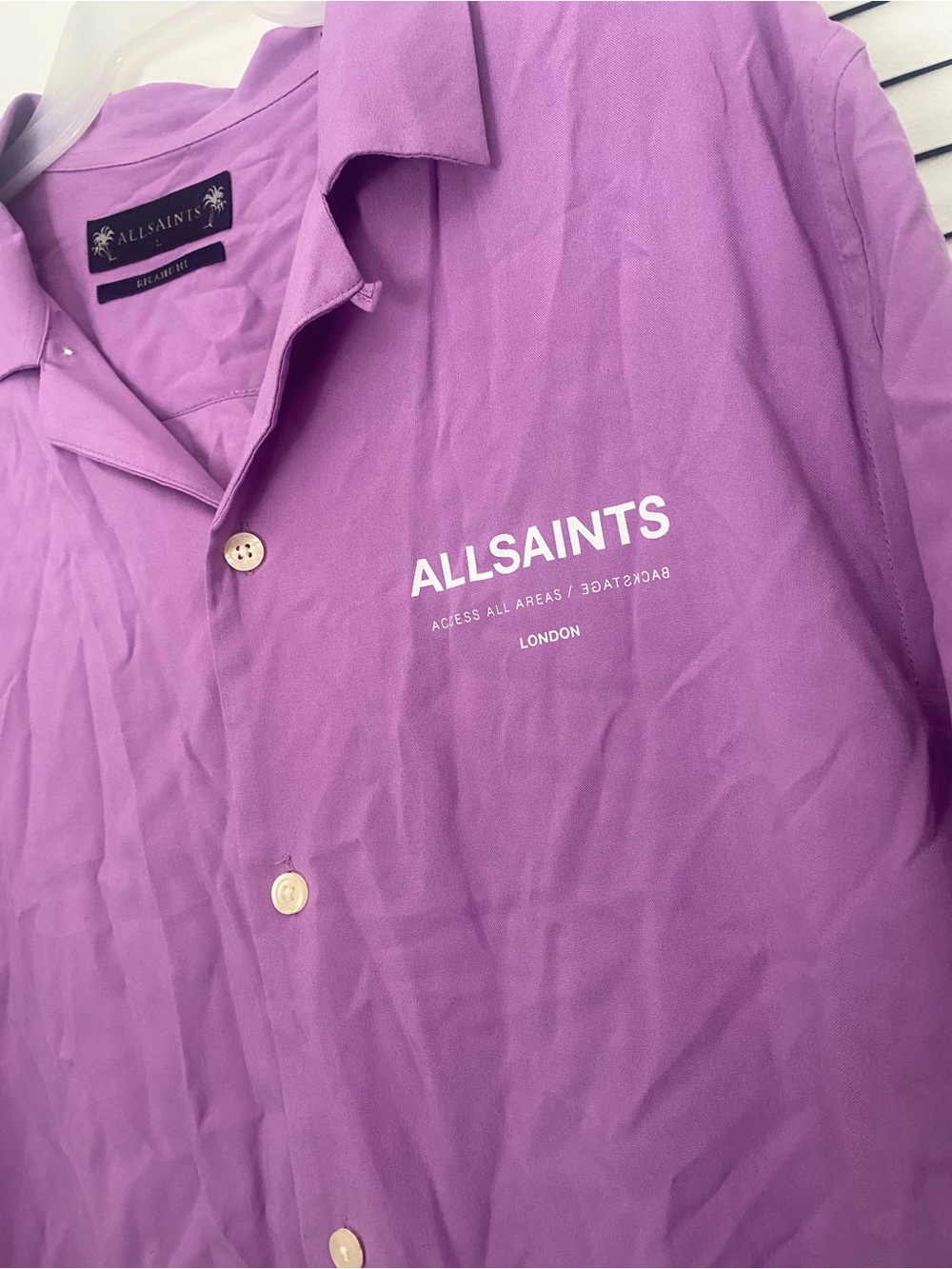 All Saints Men's Lilac Button-Down Shirt with Chest Logo